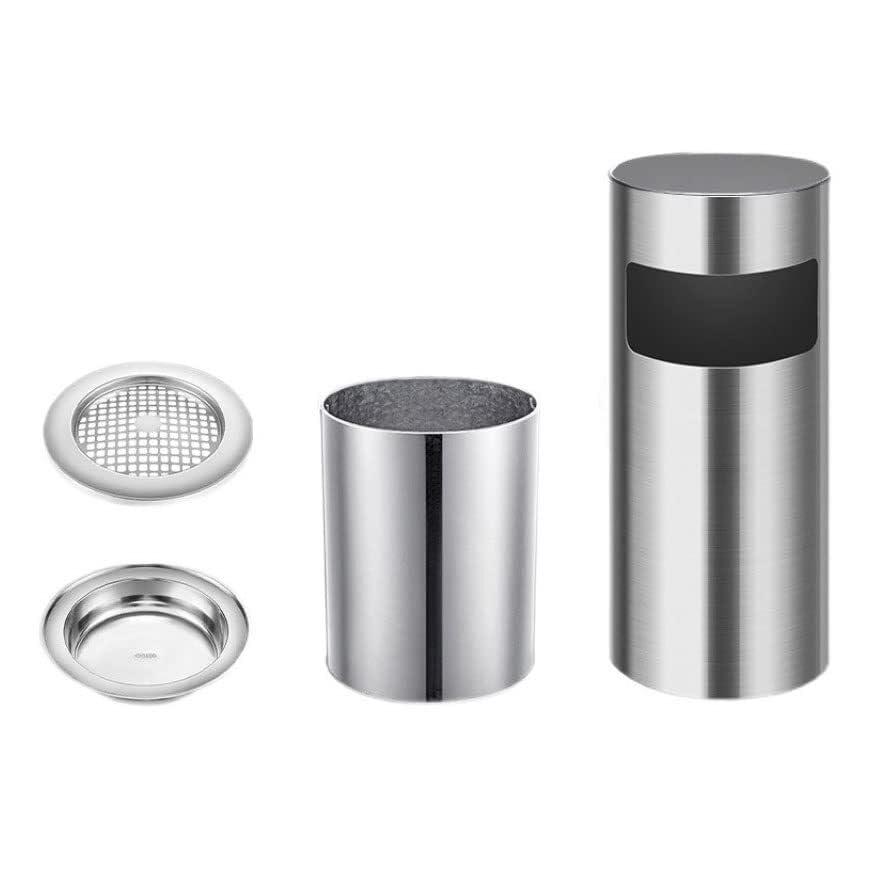 Stainless Steel Round Vertical Trash Can with Ashtray, 20L for Hotel, Mall, Elevator Hallway