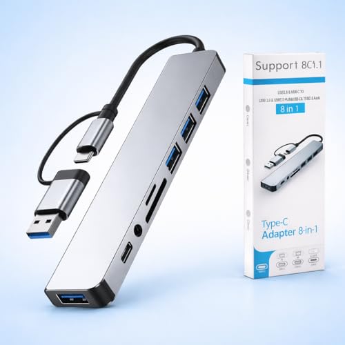 Image of Port 8 Plus 8-in-1 USB Hub, Dual Connector USB 3.0 and Type-C, SD /TF Card Reader, 3.5mm AUX Jack, for Laptops and Tablets