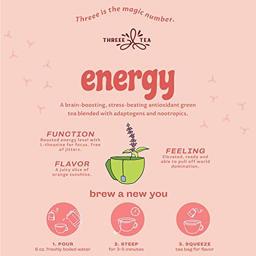 Threee Energy Tea With Caffeine, Orange Blast Flavored Coffee Alternative, Healthy All Natural Green Tea With Yerba Mate, Turmeric, Licorice Root, Lemongrass & Ginseng, 30 Tea Bags #TOP1