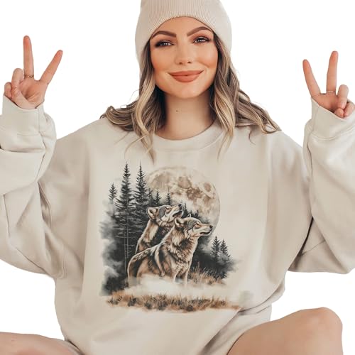 Vintage Wolf Wilderness Scene Sweatshirt - 90s Vintage Wolves Howling At Moon Sweatshirt - Scenic Winter Evergreen Pine Tree Forest Nature Sweater - Unisex Graphic Crewneck Sweatshirt2