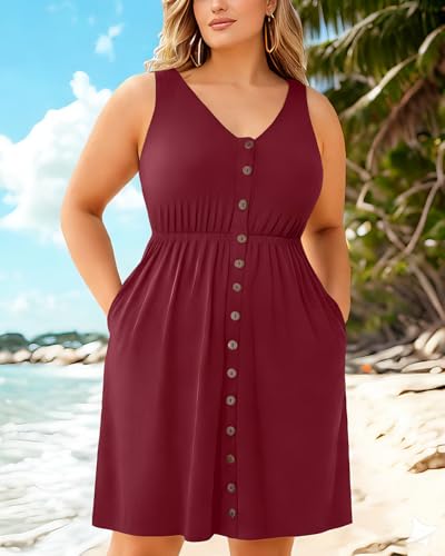 Image of Holipick Women's Plus Size Summer Dresses for Women Casual Dress with Pockets A-Line Swing Button Down Sleeveless V Neck