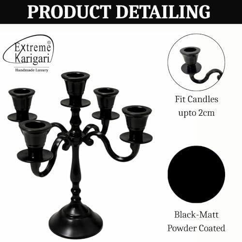 Image of Aluminum 5-Arm 8inch Black Matt Candelabra for Dining Table | Vintage Candle Stand for Romantic Dinner, Home & Wedding Decor