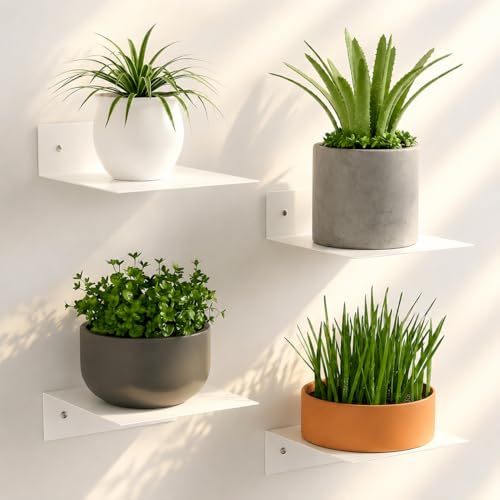 BYCY Small Floating Shelves,5x5 Inch Metal Small Wall Shelves Set of 4,Command Display Ledges for Living Room Kids Room Kitchen Bedroom Decor (White)