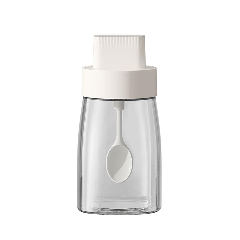 LOYUYU Kitchen Sodium Calcium Glass Spice Jars Seasonning Box Set of 1, Condiment Pots Spice Jars, Combination Retractable Spoon and Lid Design, Airtight Cap 230ml White
