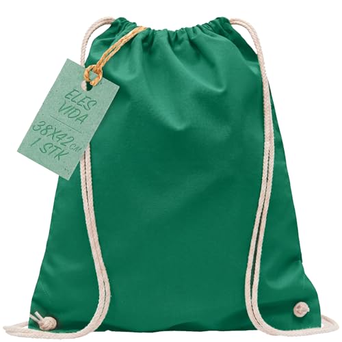 ELES VIDA Bawełniany worek gimnastyczny, 38 x 42 cm, worek sportowy – plecak, torba materiałowa, torba, worek bawełniany, worek jutowy, certyfikat Öko-Tex, worek materiałowy - Kellygreen