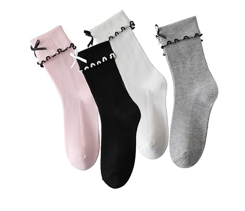 Image of Womens Bow Socks Ruffle Casual Crew Black Whitte Soft Breathable Cotton 4 Pairs Socks