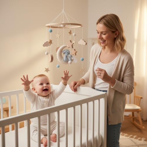Image of SNOWIE Soft Crib Mobile Felt Bunny Clouds Stars Leaves Bells Without Arm