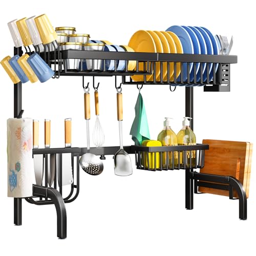 Image of SAYZH Over The Sink Dish Drying Rack, Adjustable (25.5 to 33.5 inch) 2 Tier Metal Steel Dish Drying Racks for Kitchen Counter with Hooks Paper Towel Utensil Cup Holder Sink Caddy (Black)