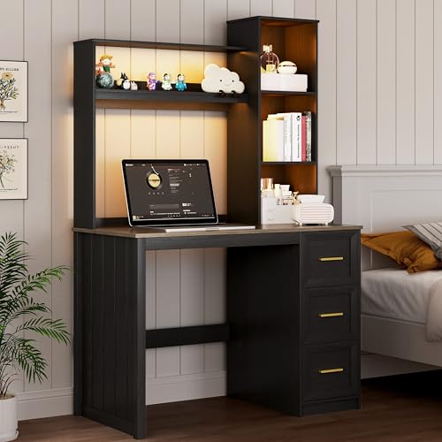 Gurexl 66″ Computer Desk with 2 Power Outlet and LED Lights,Work Desk with 3 Drawers and Shelves,Study Workstation with USB Ports for Write,Play,Home Office, Living Room, Bedroom,Black