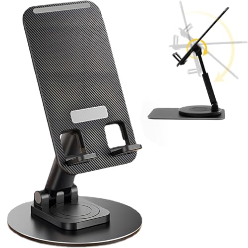 KIRZAX Supporto Telefono Scrivania Pieghevole, Rotazione Libera a 360°, Base Stabile Porta Cellulare Da Tavolo Regolabile in Altezza Supporto Telefono, Universale Supporto Cellulare Da Tavolo (Nero)