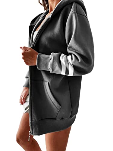 Yousify Women Casual Full Zip Up Plush Hoodie Comfy Loose Striped Sweatshirt Long Sleeve Jacket With Pockets #TOP2