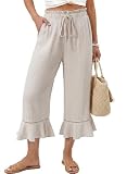EVALESS Linen Pants Women Spring Summer Wide Leg Drawstring Elastic Waist Ruffle Hem Capri Pants Lightweight Cropped with Pockets Boho Casual Beach Vacation Clothes, Beige L
