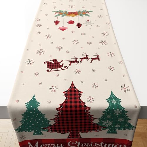 OHOME Christmas Decorations - Christmas Table Runner | Xmas Tree Santa Elk Tablecloth Decorations Holiday Navidad Party Favors Decor Supplies Backdrop Indoor Outdoor for Kitchen Home Office