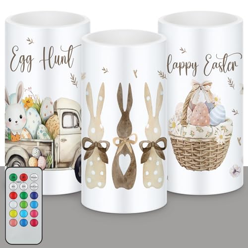 Image of Retisee 3 Pcs Farmhouse Easter Flameless LED Candles Battery Operated Bunny Spring Flickering Pillar Candles with Remote Rabbit Happy Easter Centerpiece for Bedroom Living Room Dinner Table Decoration