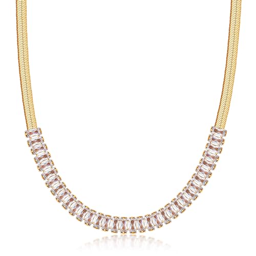 Barzel 18K Gold Plated Crystal Herringbone Necklace, 4mm Thickness, 16-20\" Chain Lengths, Made in Brazil (18 Inches)