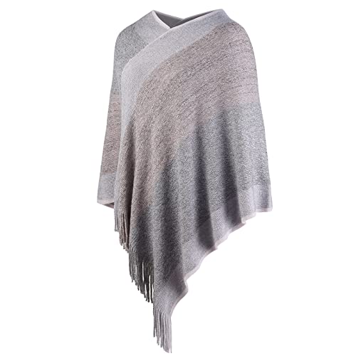 Image of Women's Elegant Knitted Shawl Poncho with Fringed V-Neck Striped Sweater Pullover Cape Gifts for Women Mom