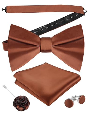 Image of Alizeal Mens 4pcs Formal Solid Bow Tie Set | Pre-tied Pocket Square Cufflinks Boutonniere for Wedding Everyday Use