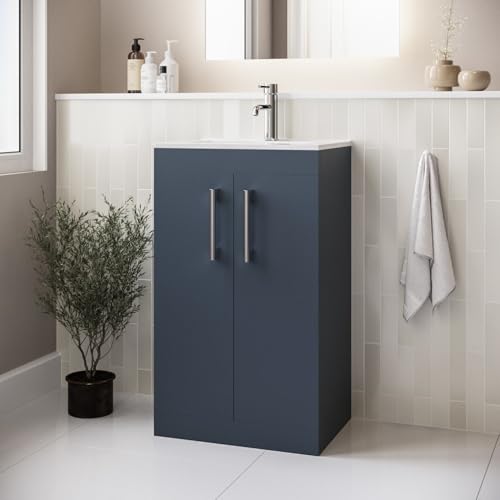 Image of Ashford 600mm Blue Freestanding Vanity Unit with Basin and Brass Handle