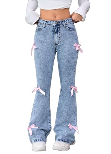 Bow Jeans for Girls Wide Leg Baggy Denim Pants Cute High Waisted Trousers Kids Casual Y2k Streetwear with Pockets 8-16Y