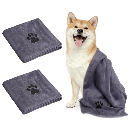 Adiwo 2 Stück Hunde Handtuch, 75 * 35cm Hundehandtuch Extra saugfähig, Schnelltrocknend Haustier Mikrofaser Handtücher, Geschenk Geeignet für Hunde Katzen Oder Andere Haustiere, Grau