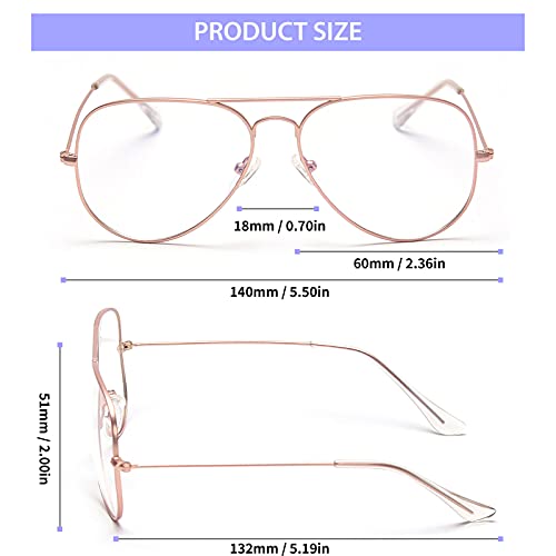Dollger Aviator Clear Lens Glasses Non-prescription Eyeglasses Metal Frame for Women Men (3025 rose gold)