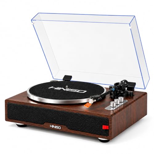 Image of HINISO T901 HiFi Wooden Turntable with Bluetooth in & Out, Built-in Phono Amp & 4 Stereo Speakers | Belt-Drive 33 /45 /78 RPM Vinyl Record Player, AT-3600L Cartridge, Auto-Stop, RCA /Optical /Coaxial Out
