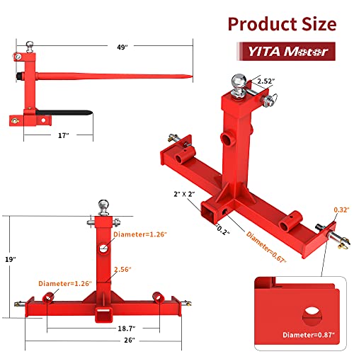 Yitamotor 3 Point Trailer Hitch With 2 Inch Receiver, 49" Hay Bale Spear & 2 Stabilizer Spears With Trailer Gooseneck Ball Drawbar For Category 1 Tractor, 3000 Lbs Capacity #TOP5