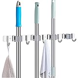 POPRUN Gerätehalter,Mop- und Besenhalter Wandhalterung mit Haken für Besen zum aufhängen aus Edelstahl selbstklebend mit 4 Halter 5 Haken ( Grau )