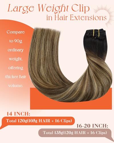 Image of Sunny Hair Clip in Hair Extensions Real Human Hair Black Brown 120g 14inch | Remy Hair Extensions Clip in Human Hair, Natural Blend, Medium Length, Silky Smooth Hair for Special Occasion Hairstyles