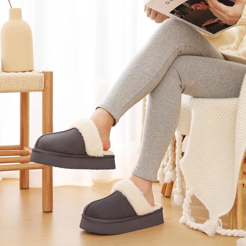Image of Litfun Women's Fuzzy Memory Foam Slippers Fluffy Winter House Shoes Indoor and Outdoor, Platform Grey 6