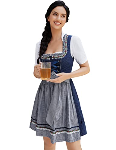 Clearlove Dirndl - Vestido tradicional para mujer, 3 piezas, para Oktoberfest, carnaval, tres piezas: vestido, blusa, delantal (embalaje múltiple), Puntos azules y blancos, L
