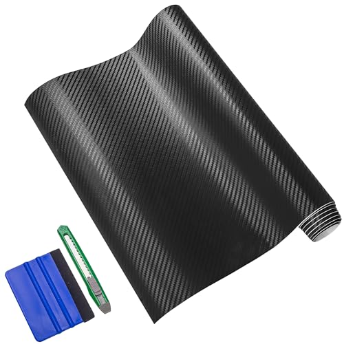 Arespark 3D Black Carbon Fiber Vinyl Wrap, Self Adhesive Car Wrap Film Stickers for Auto Cars DIY Decals Sheet with Air Release Bubble Free Including Tool Kits (1ft x 10ft)