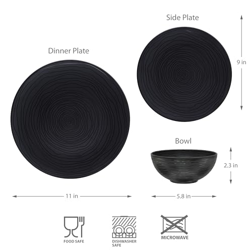 Bzyoo 12 Piece Melamine Dinnerware Set - Durable, Dishwasher Safe Organica Black Plates and Bowls Sets Casual Dish Set for Dining, Outdoor and Kitchen by bzyoo - Used condition - Image 4