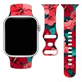 Hawaiian Flowers Watch Sport Bands for Women Compatible With Apple Watch 42mm 44mm 45mm 49mm, Bright Red Floral IWatch Bands Wristbands Rubber Silicone Replacements For Women Series 11 10 9 Se Ultra 3