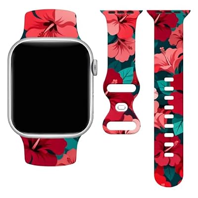 Hawaiian Flowers Watch Sport Bands for Women Compatible With Apple Watch 42mm 44mm 45mm 49mm, Bright Red Floral IWatch Bands Wristbands Rubber Silicone Replacements For Women Series 11 10 9 Se Ultra 3