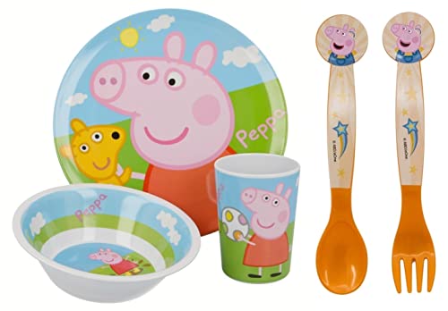 Juego de comedor oficial de Peppa, George, Pig Characters de 5 piezas de melamina, sin bisfenol A, plato, tazón, cuchara y tenedor para niños Cover