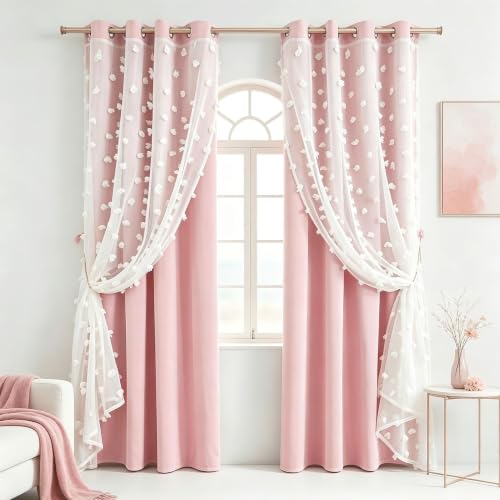 Image of Pink Room Darkening Curtains for Girls Nursery Bedroom 52x90 Inch | 80% Blackout Double Layer Curtains with Pom Pom Sheer Overlay, Grommet Privacy Drapes for Toddler Bedroom Decor, 2 Panels