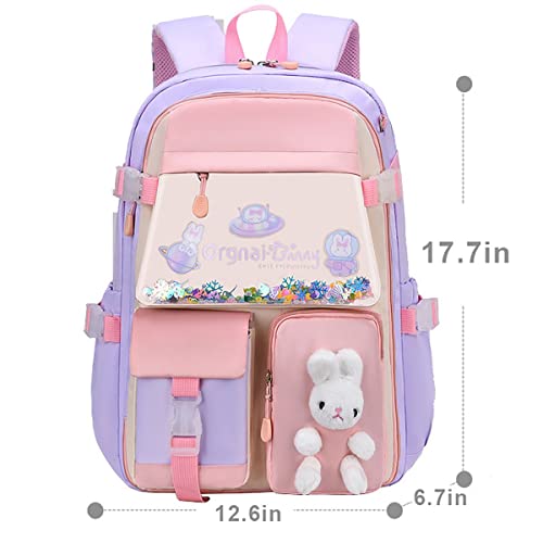 Nzahdwu Kawaii Backpack Girls, Cute Bunny Backpacks,Cartoon Large Capacity Waterproof Backpack Multifunction Laptop Travel Bag For Teens (Purple-17.7In) #TOP1