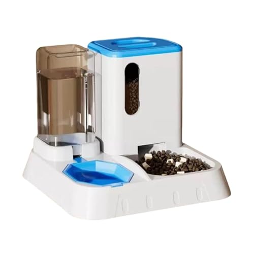 【自動餌やり機】ペット用2機能 自動給餌器&給水器 猫/犬兼用 重力式設計 電源不要 大容量 多頭飼育対応(2匹用)転倒防止・静音構造 水洗い可能 防カビ加工 清潔維持 お手入れ簡単 中小型犬猫用 えさやり機&みずのみ器セット (ホワイト/ブルー)