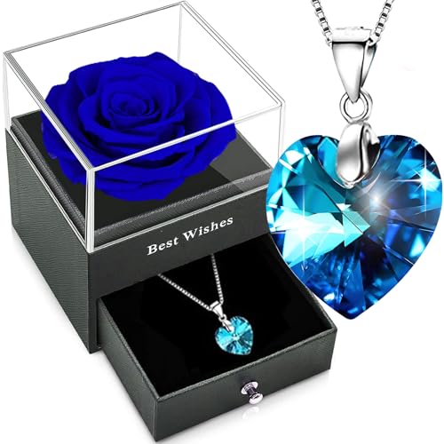 Willuck Rosa Eterna con cristallo, Fiori Confezione Regalo, Vera blu