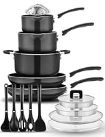 NutriChef Kitchenware Cookware, Non-Stick Pans and Pots with Foldable Knob, Space Saving, Stackable, Nylon Tools, Induction Base, Black (17-Piece Set), One Size