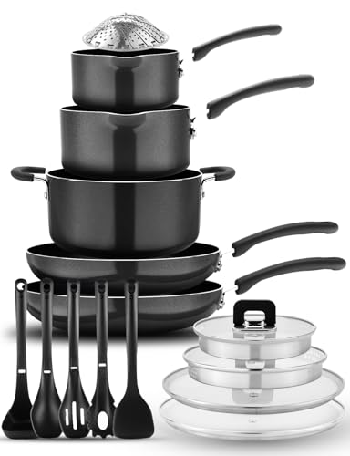 Image of NutriChef 17-Piece Non-Stick Pans & Pots Set - Space-Saving, Induction-Compatible, Foldable Knob, Black Cookware with Heat-Resistant Utensils for Kitchen & RV