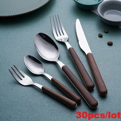 Besteck-Sets 30/20-teiliges Besteck-Set mit Holzgriff, Edelstahl, Gold, Geschirr-Set, Service, Messer, Gabel, Löffel, Holzgeschirr-Sets, Edelstahl (Farbe: Grau) (Schwarz)