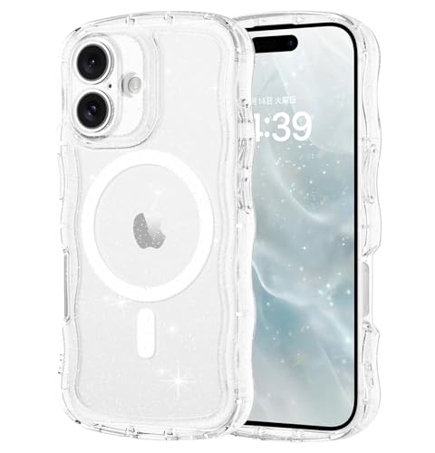 VENINGO iPhone 16 ケース Magsafe対応 かわいいウェーブの形状 透明 ストラップホール付きマグネット搭載 ワイヤレス充電対応 耐衝撃 可愛 韓国 おしゃれ 黄変防止 全面保護 スマホケース アイフォン 16 カバー 6.1インチ キラキラ クリア