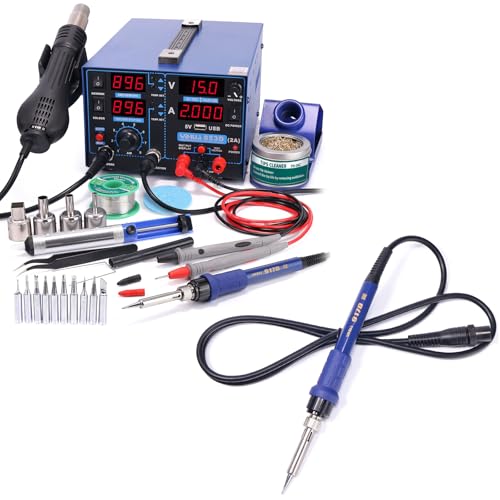 Image of YIHUA 853D 2A USB Professional Soldering Rework and Power Supply Station bundle with YIHUA 917D Blue Grip Replacement Soldering Iron Handpiece /Handle (25 Items)