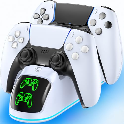 RGB PS5 Ladestation, 2St. Schnelles PS5 Ladegerät für PS5 Original & Edge Controller, mit LED Anzeigen & 9 RGB Beleuchtung, PS5 Controller Ladestation für Playstation 5 Zubehör, Weiß