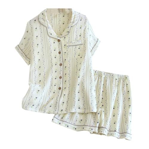 Pijama Mujer Verano Conjunto De Noche Mujer De Gran Tamaño De Manga Corta Ropa De Dormir De Dos Piezas Impreso Camisa Atrapados Cuello en V Y Pantalones Cortos Cómodo Y Suave Ropa Relajante