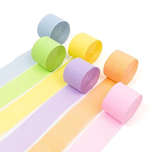 HOUSE OF PARTY Pastel Love Crepe Paper Streamers 6 Crepe Paper Rolls 492ft (1.8 Inch x 82 Ft/Roll) - Pack of Orange, Yellow, Green, Blue, Purple, Pastel Pink Paper Streamers Easter Party Decorations