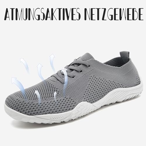 RJYWGS Sneaker Damen Schuhe Barfuss Turnschuhe Laufschuhe Joggingschuhe Freizeitschuhe Gym Sportschuhe Tennisschuhe Bequeme Barfußschuhe Atmungsaktiv Straßenlaufschuhe Minimalistische Damen Grau 39EU