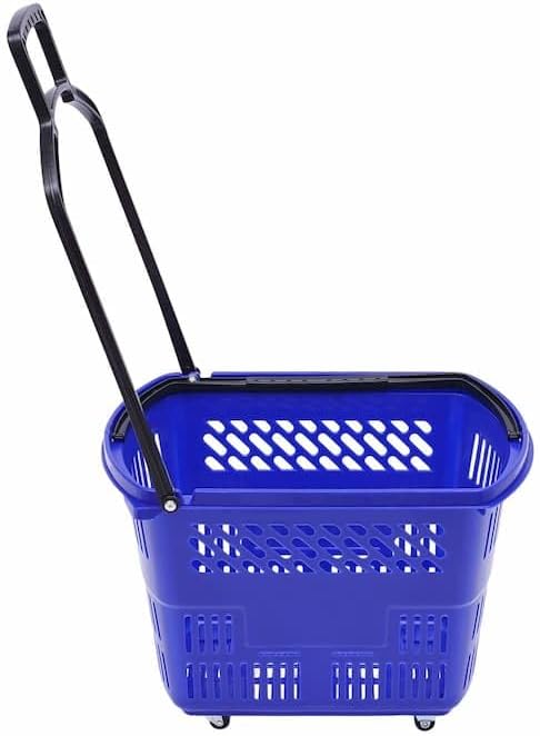 6PCS Plastic Shopping Basket with Handles & Wheels, 35L Grocery Basket with 4 Wheels Utility Carts, Portable Rolling Shopping Baskets for Supermarkets and Retail Stores, Blue